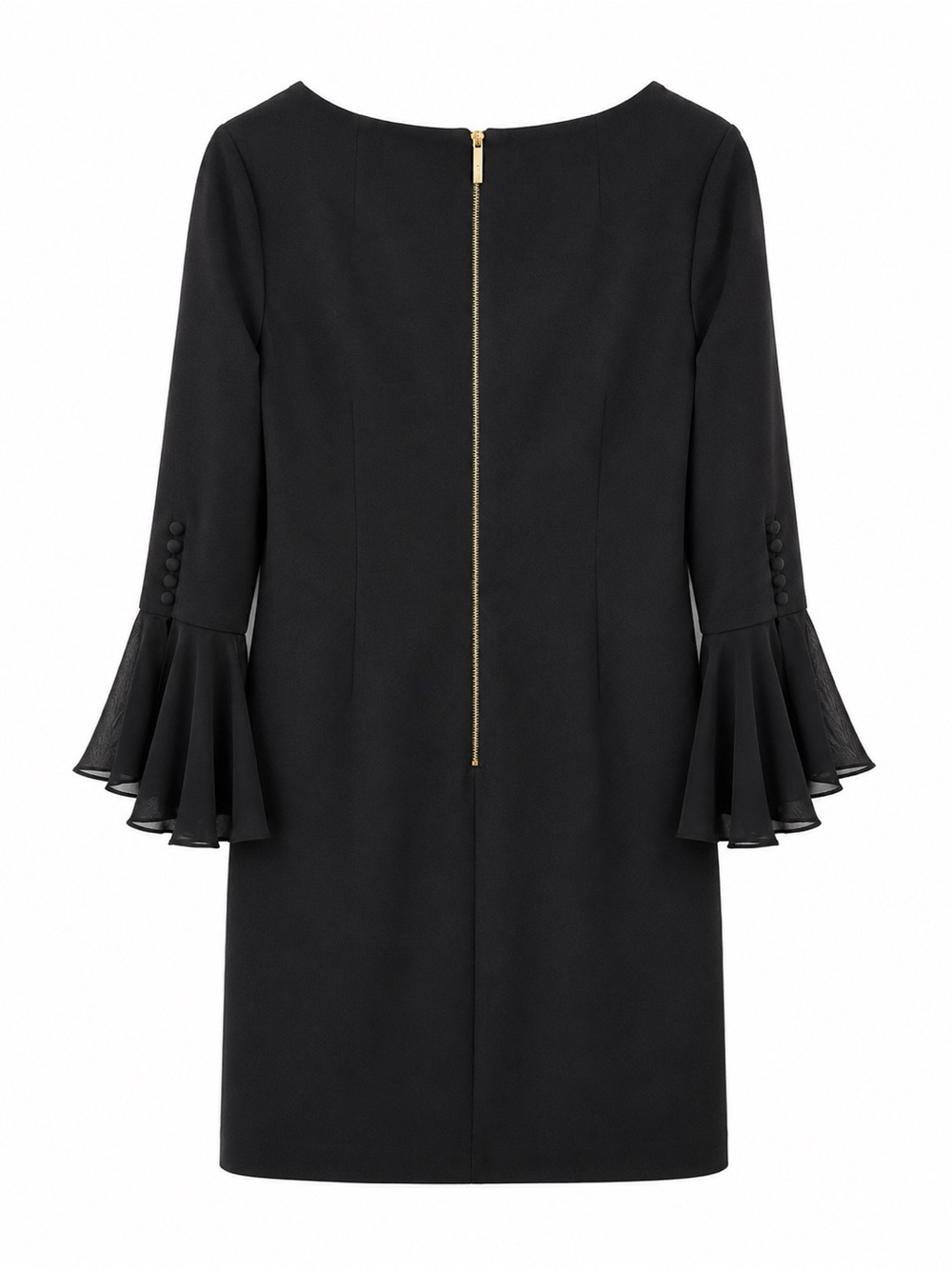 Calvin Klein Black Long Sleeve Shift Dress Layered Bell Cuffs NWT Classic LBD - Picture 5 of 6